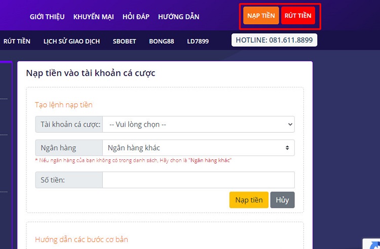  Hướng dẫn nạp tiền Ld789 - rút tiền One 789 
